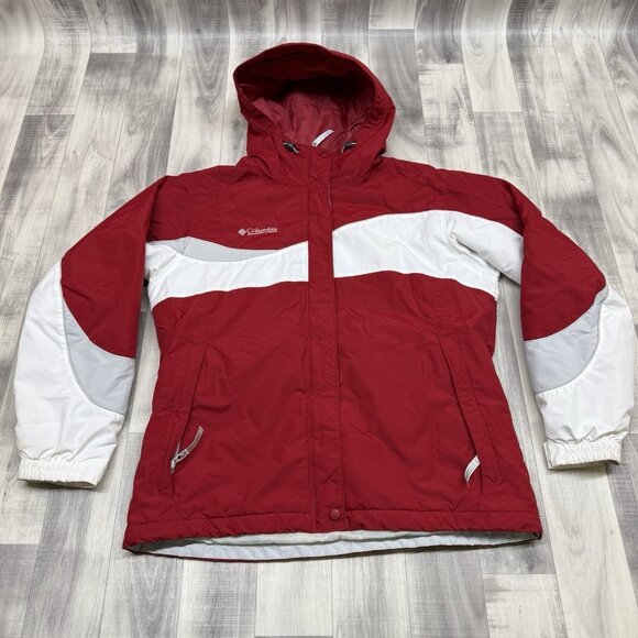 ✅COLUMBIA Hooded Fleece Lined Jacket Woman's LARGE Full Zip Midweight Colorblock - Picture 1 of 11